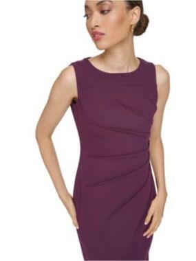 Calvin Klein Plum Sleeveless Sheath Dress with Angled Pleats, Very Flattering!
